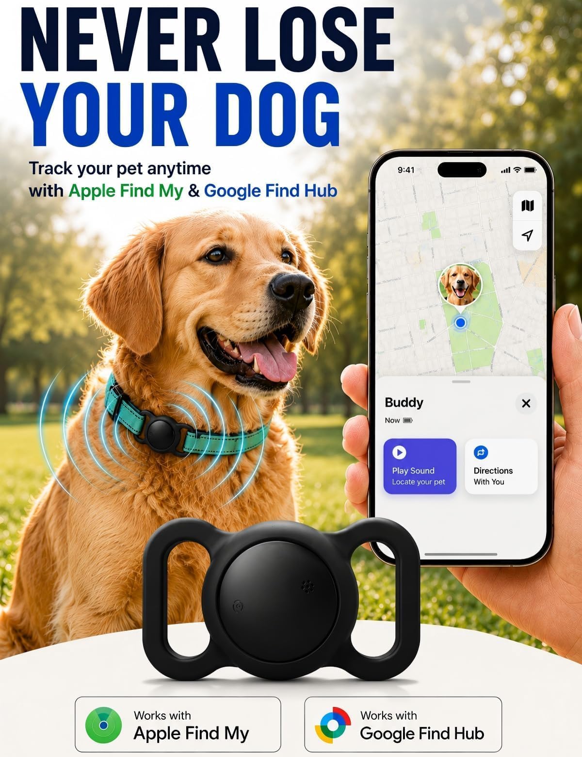 HappyPaws GPS Pet Tracker for Dogs and Cats — Lightweight, subscription-free, compatible with Apple Find My and Google Find Hub