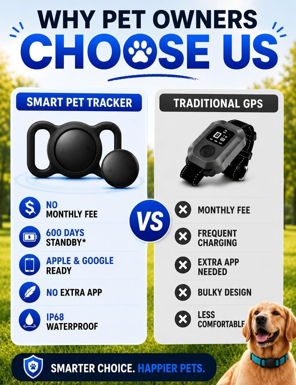 HappyPaws GPS Pet Tracker for Dogs and Cats — Lightweight, subscription-free, compatible with Apple Find My and Google Find Hub